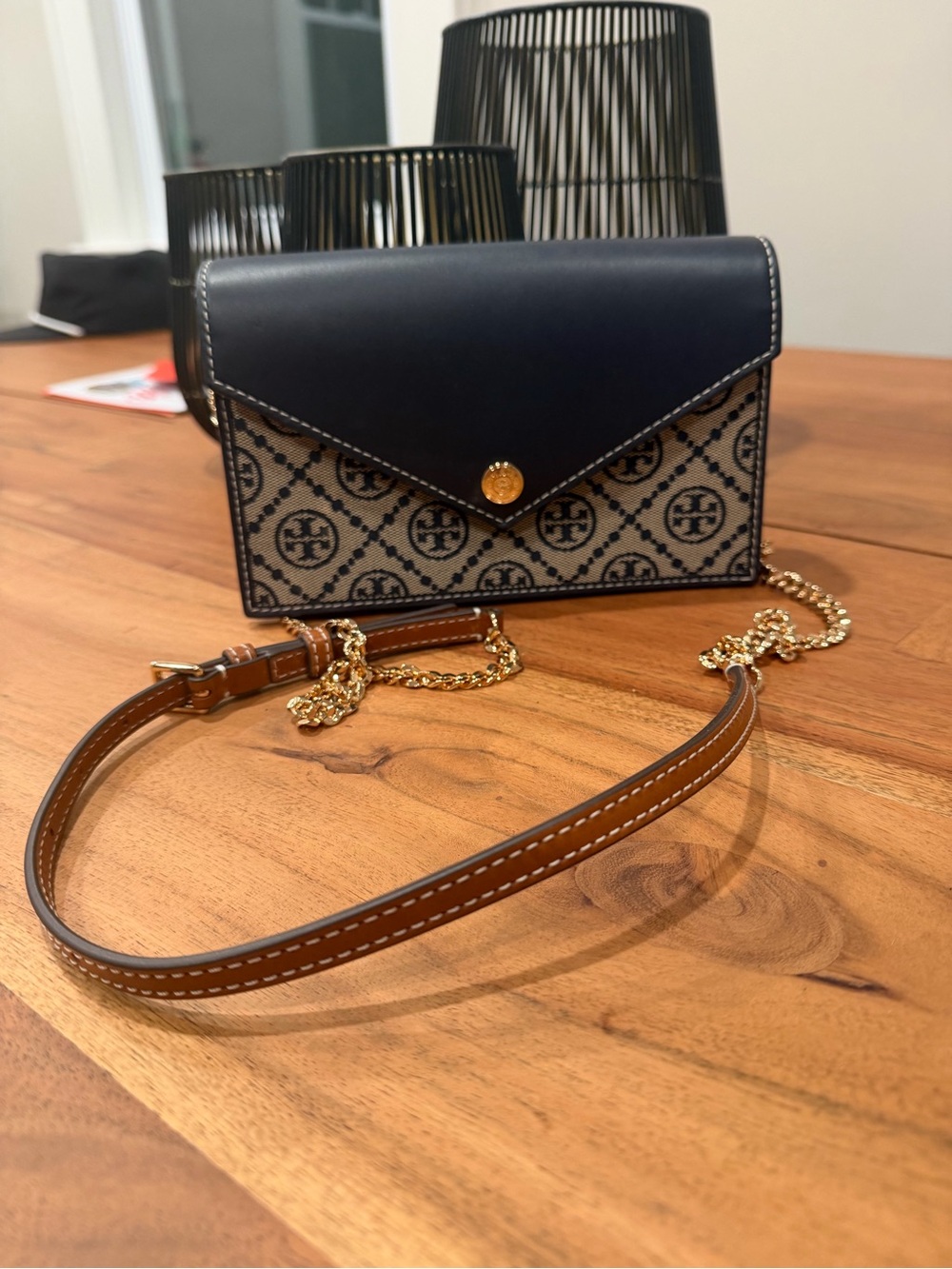 Designer-Inspired Navy and Tan Crossbody Wallet with Chain